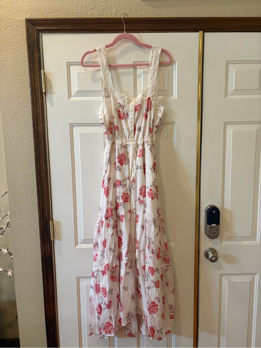 Free People White Maxi Dress with Pink Floral Print